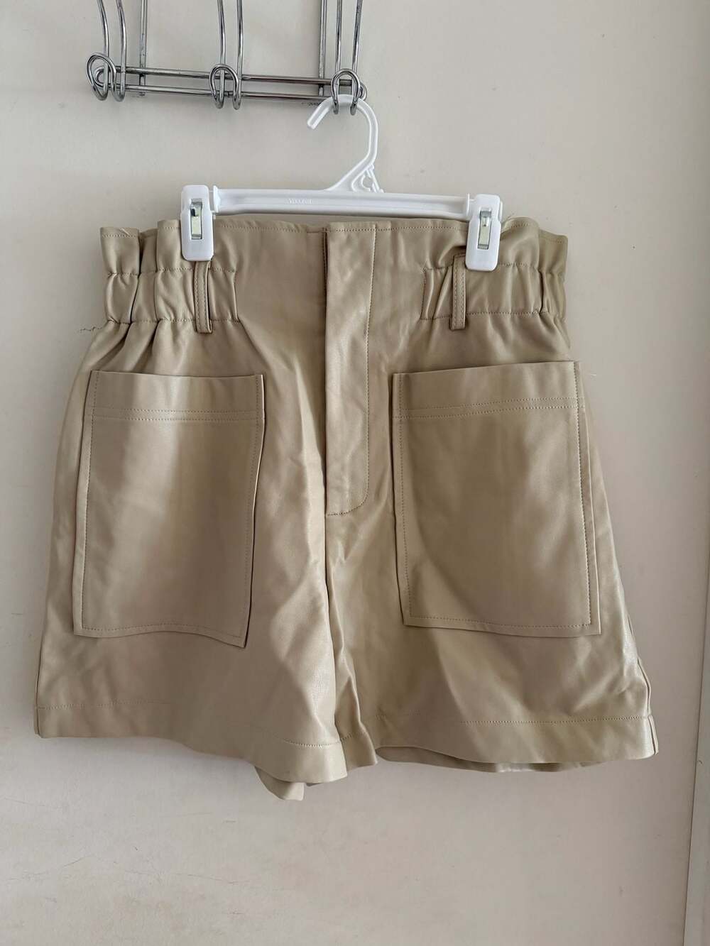 Beige Botany Faux Leather High-Waisted Paperbag Shorts